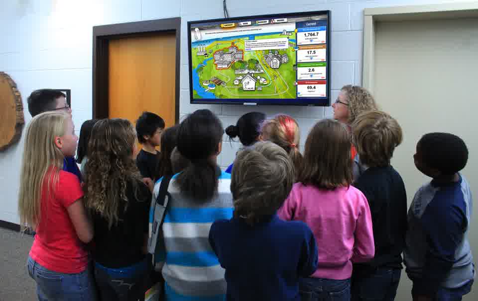 Students at a Citywide Dashboard screen in an Oberlin school hallway