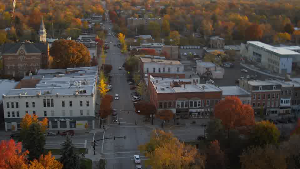 Aerial view of downtown Oberlin, Ohio in autumn